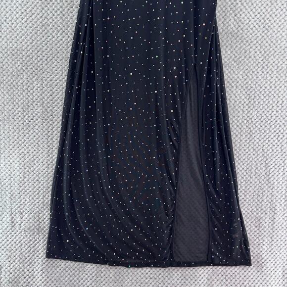 Shein Dress Womens L Black Rhinestone Sheer Slip Maxi Dress Front Slit Party - Picture 4 of 12